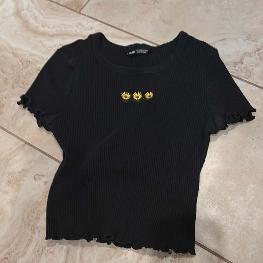 Black Ribbed Tee with Yellow Floral Embroidery